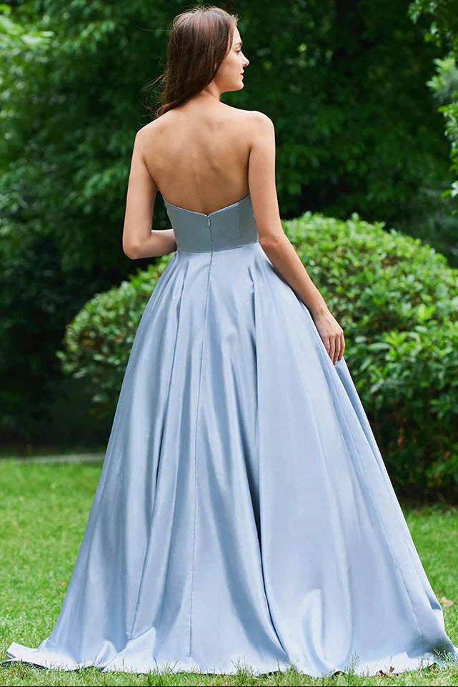 Prom Dresses Stores A Line Strapless Sky Blue Satin Long Prom Dresses With Appliques Formal Women's Dresses